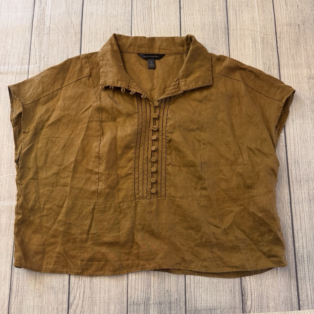 Banana Republic Mira 100% Linen Top Size Medium Horse Hair Brown Women's - Picture 2 of 10
